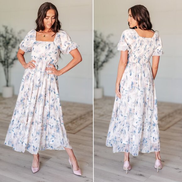 Polagram Dresses & Skirts - Ivory Short Sleeve Blue Floral Midi Dress - Medium
